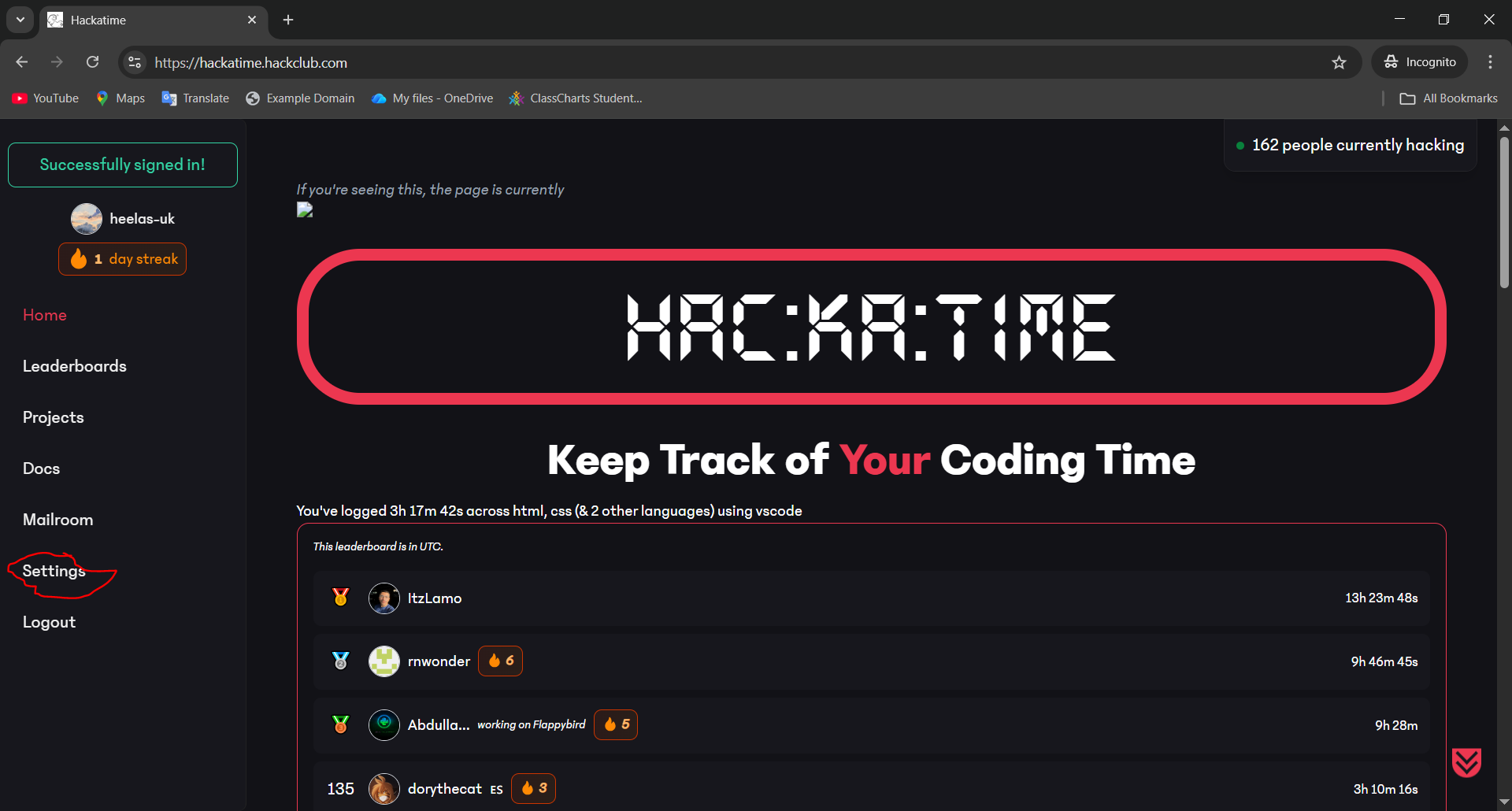 Hackatime settings option