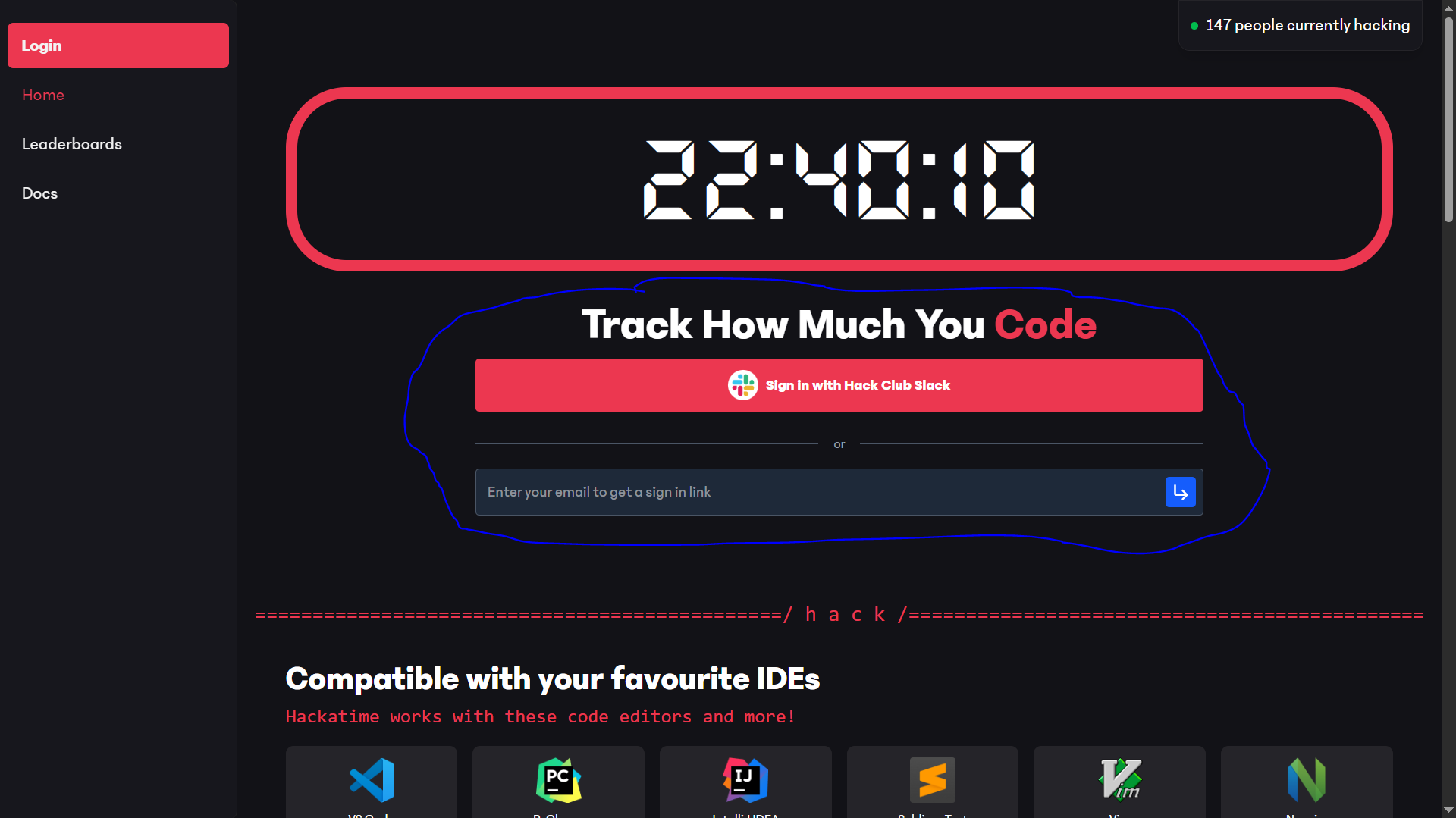 Hackatime login screen