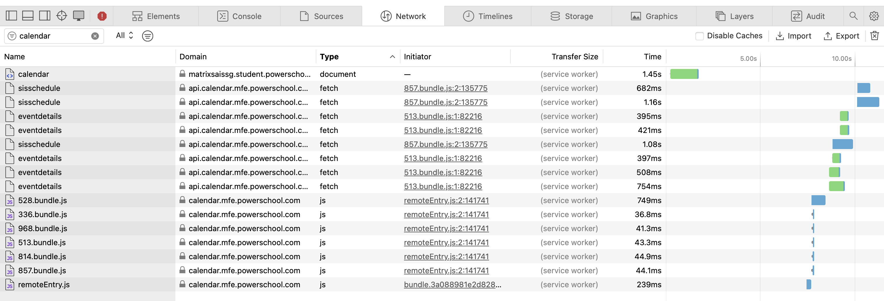 Some network requests related to "calendar" in PowerSchool