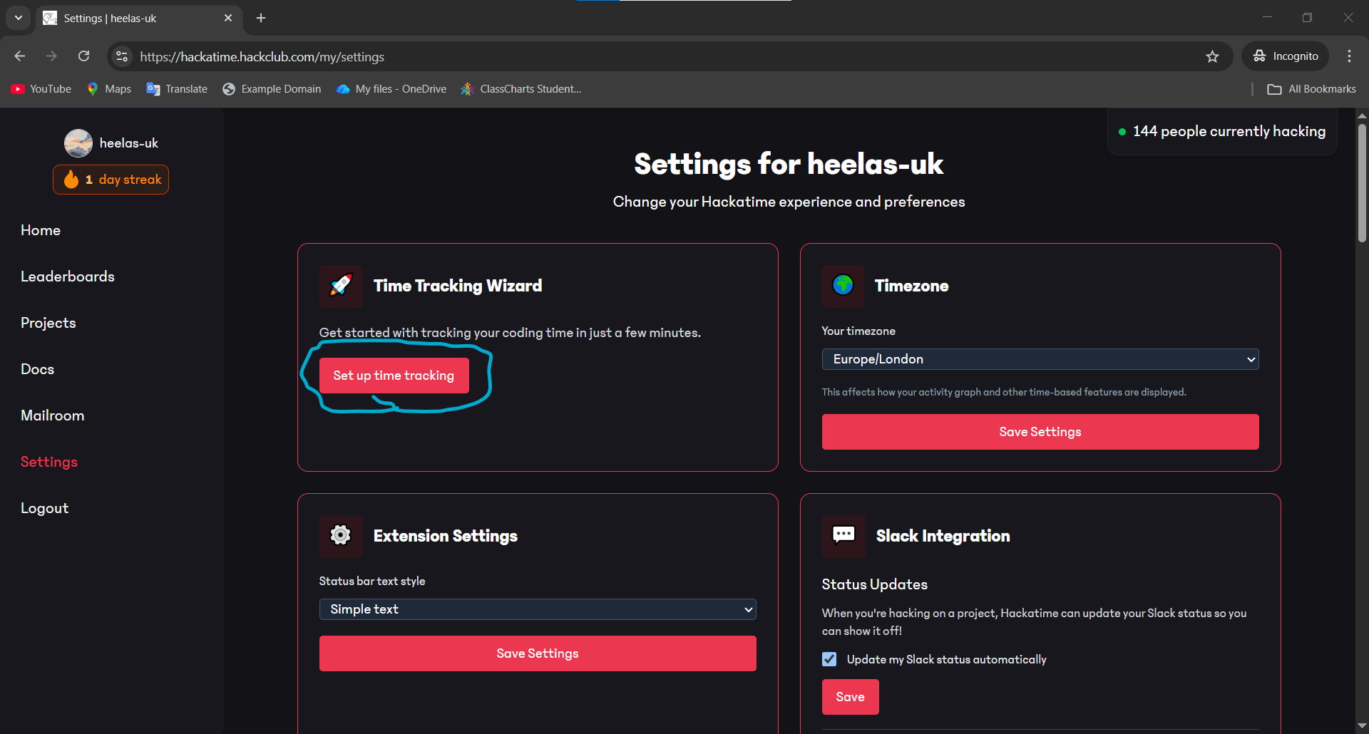 Hackatime set up time tracking option