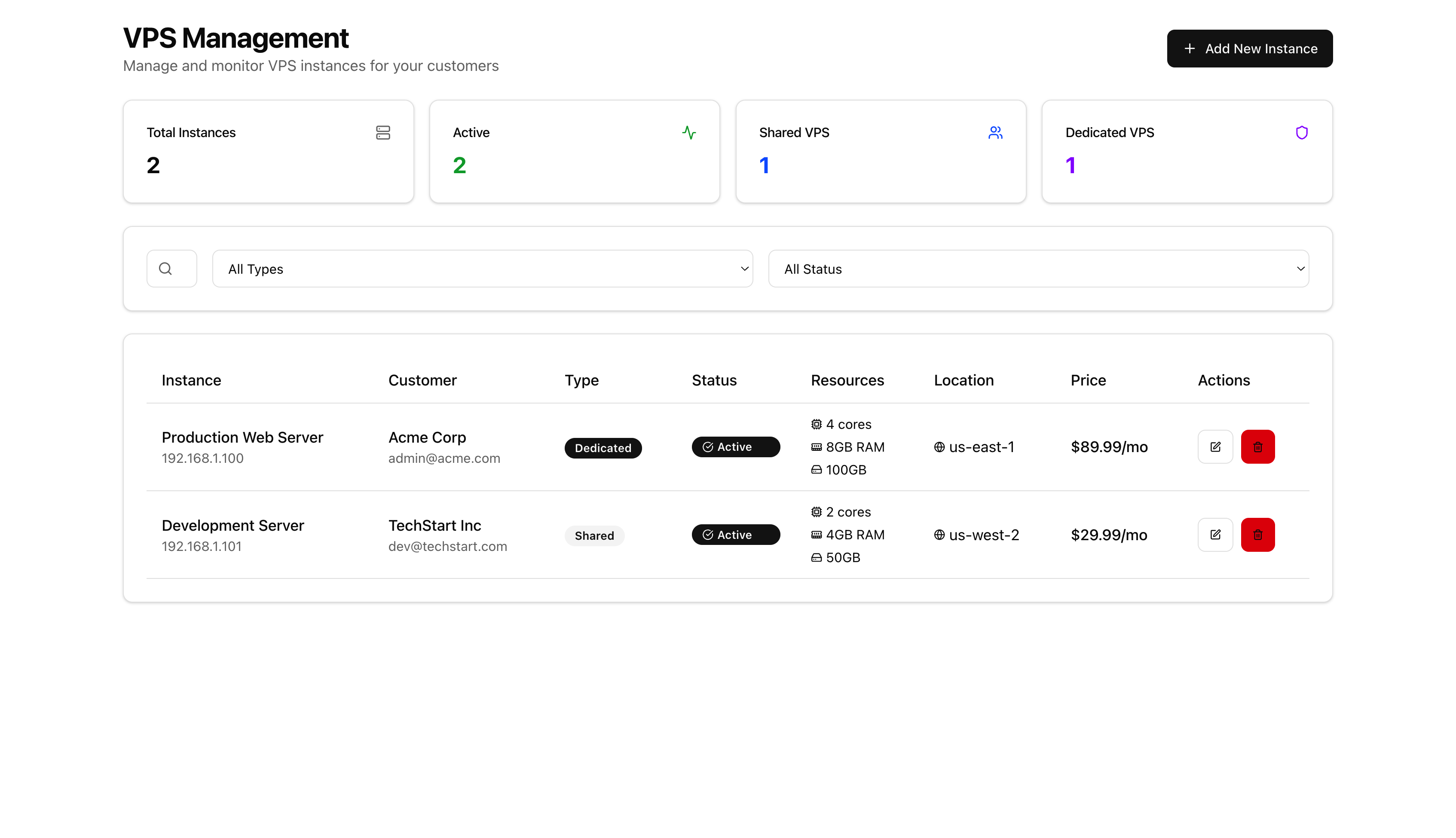 VPS Instance CRUD Dashboard