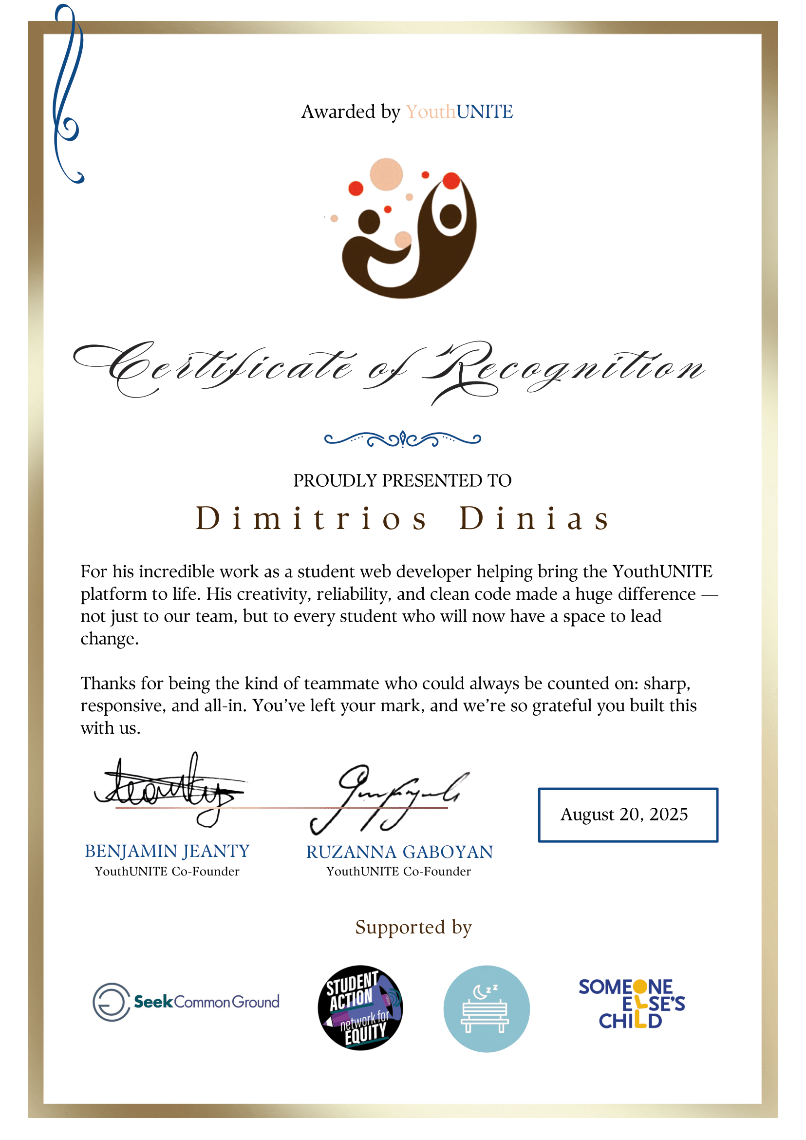 YouthUNITE Certificate