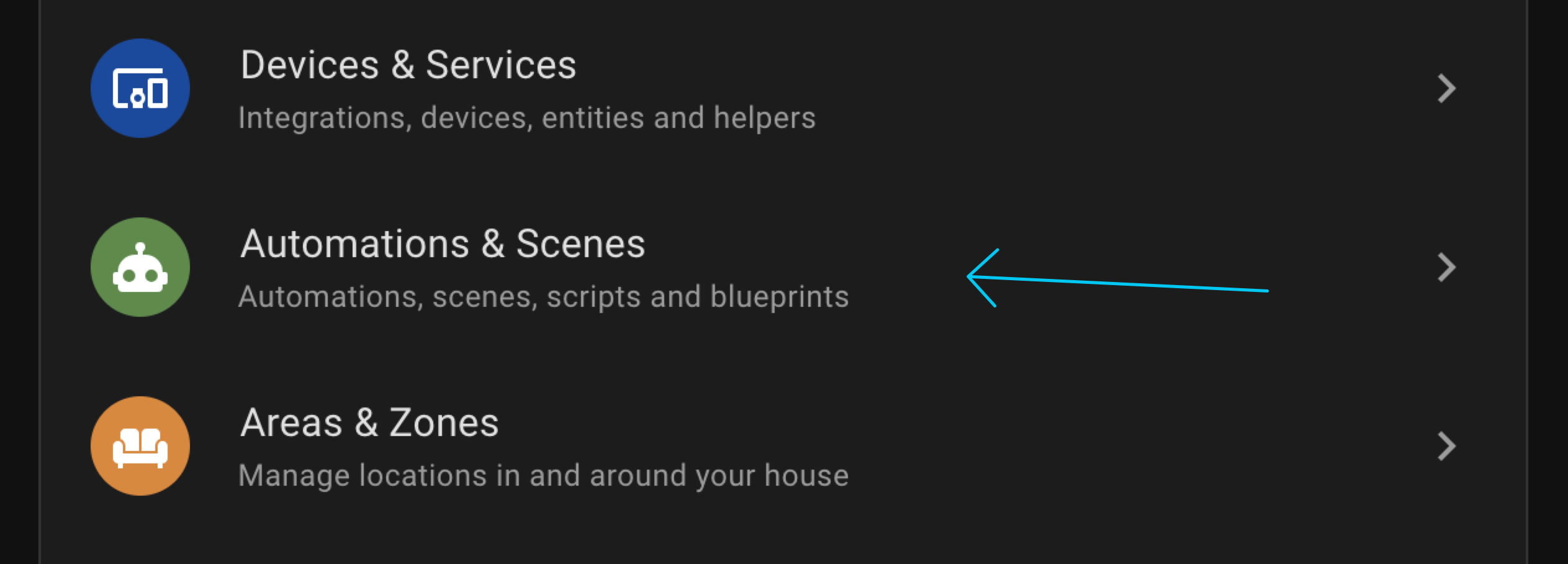 arrow pointing to Automations & Services in home assistant