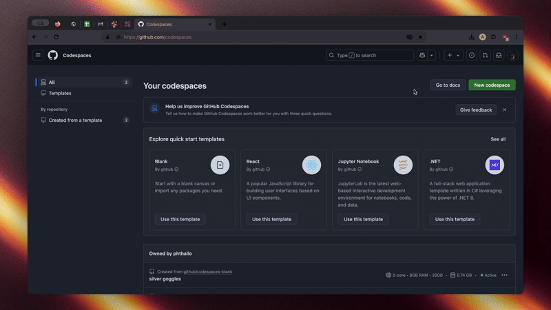 Creating a GitHub repository from a Codespace.